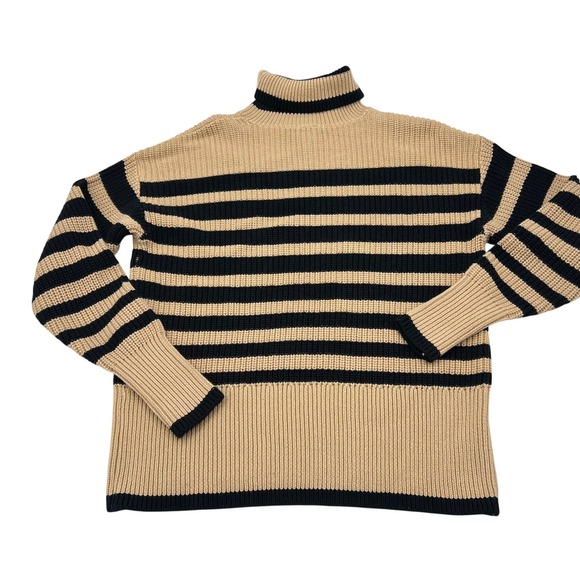 Cabi 4477 Tan Black Striped Turtleneck Sweater Womens Medium Ribbed Knit Cotton - Picture 5 of 5